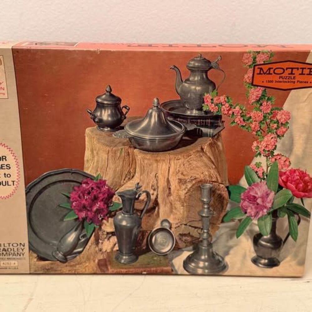 Vintage Milton Bradley Motif Puzzle 1500 Pieces Pewter Still Life~Sealed~1972